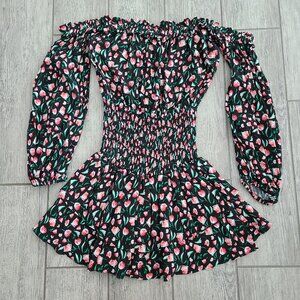 Blue Life Women's Floral Off Shoulder Smocked Mini Dress Black Pink Green Size S